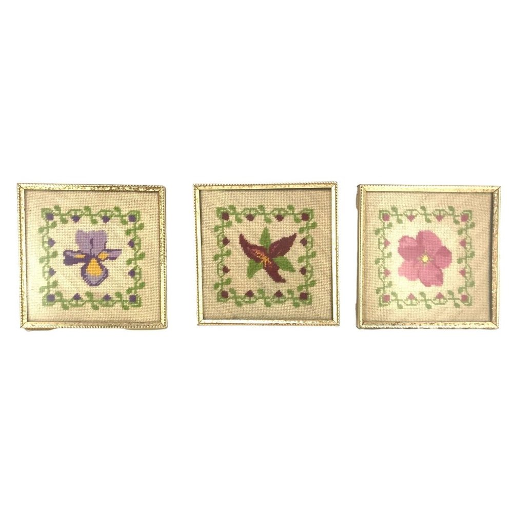 1980s Needlepoint Wildflower Triptych Trio Framed 5 in Iris Trillium Rose Estate